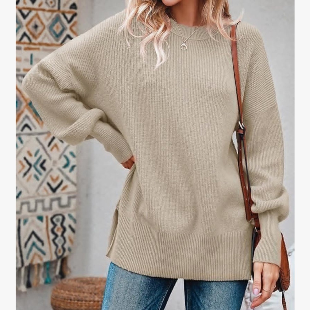Soft Ribbed Crewneck Sweater in Light Beige